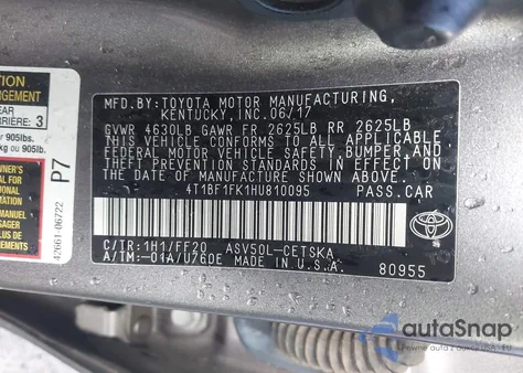 2017 Toyota Camry Se from USA, damaged, VIN 4T1BF1FK1HU810095